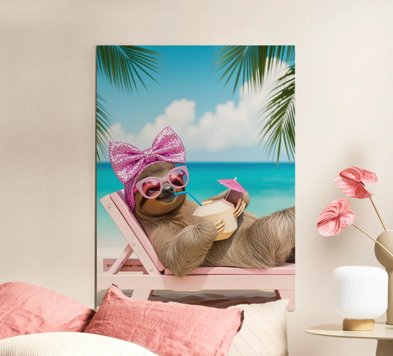 Bradipo in spiaggia con un cocktail, vacanze estive poster con telaio in plastica da SlothStella