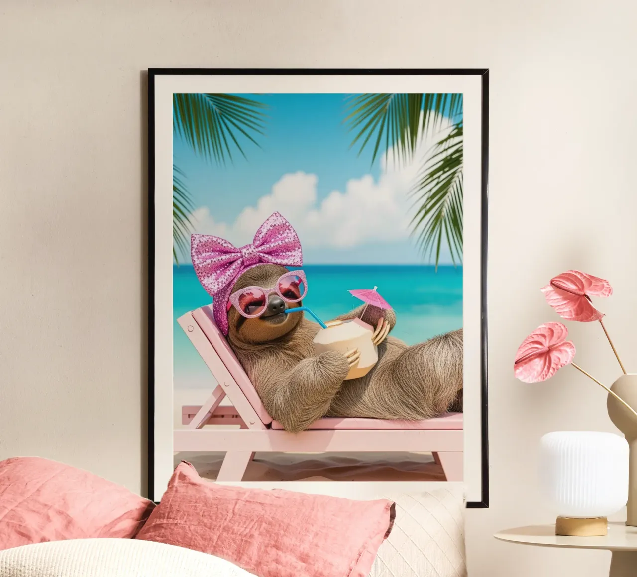 Bradipo in spiaggia con un cocktail, vacanze estive poster con telaio in plastica da SlothStella