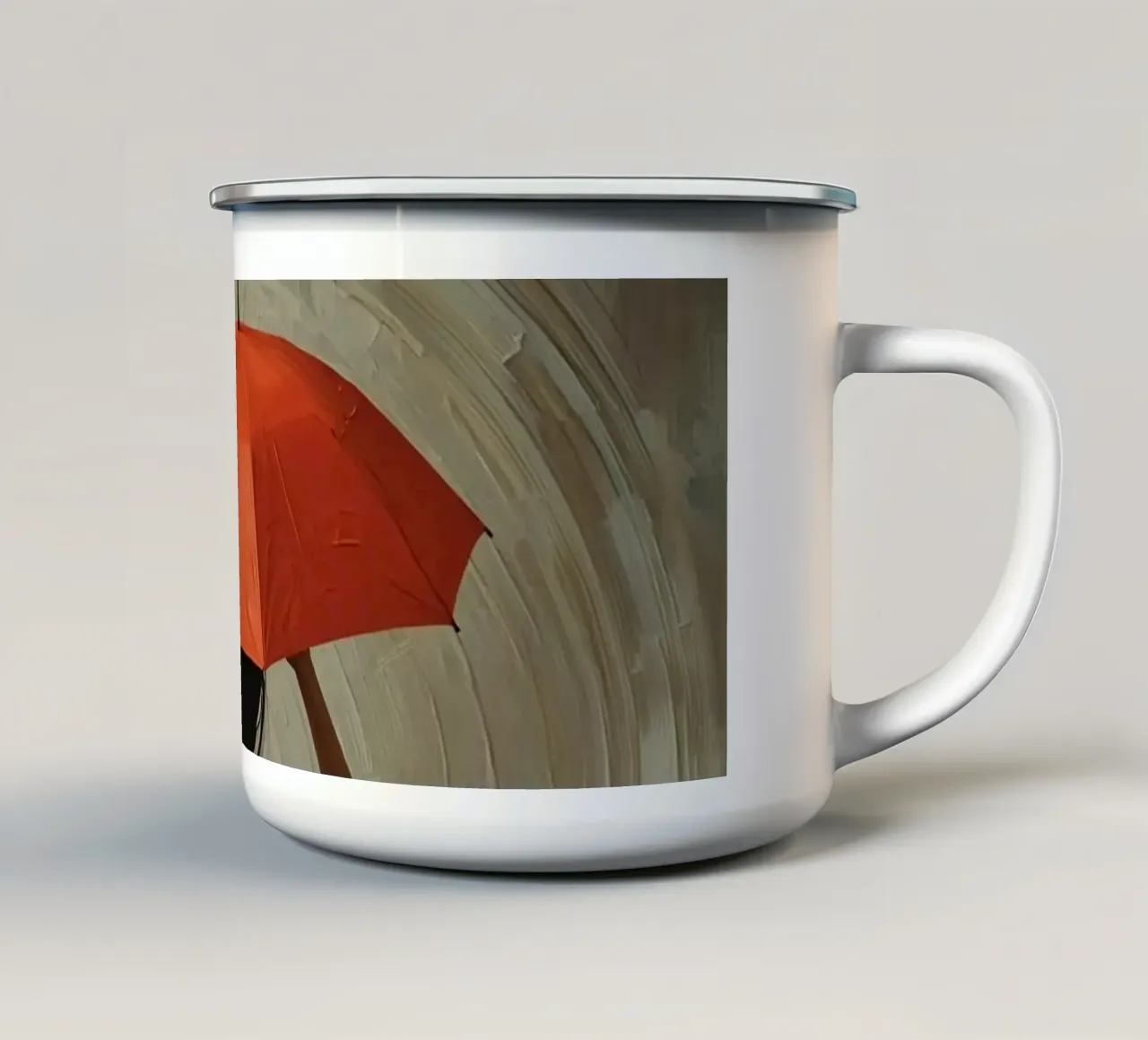 Donna in abito arancione con ombrello arancione in mano tazza in smalto da DesignDoodle