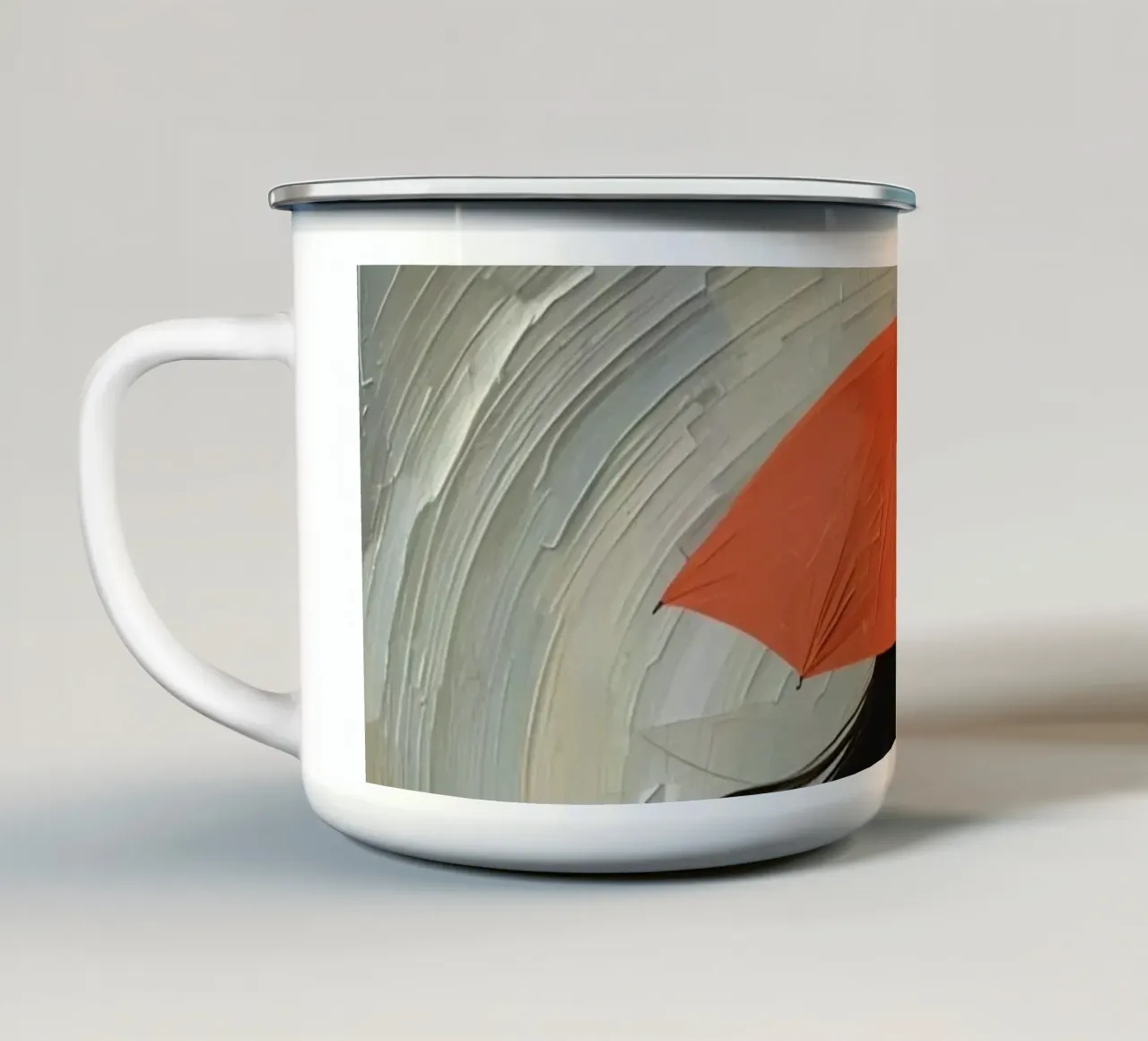 Donna in abito arancione con ombrello arancione in mano tazza in smalto da DesignDoodle