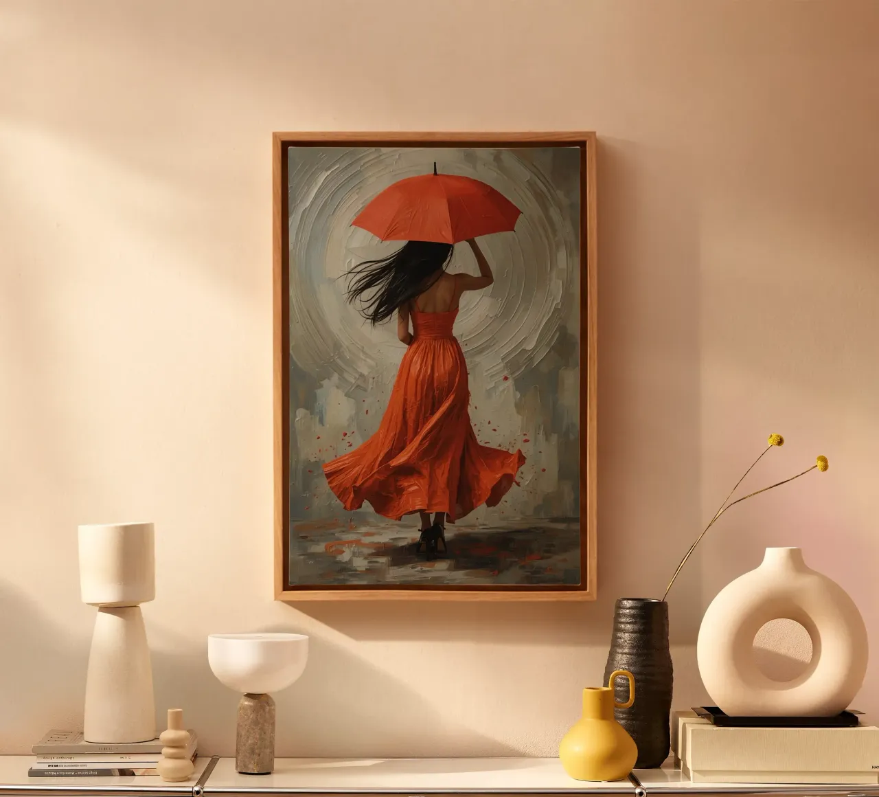 Donna in abito arancione con ombrello arancione in mano tela con Cornice a cassetta da DesignDoodle