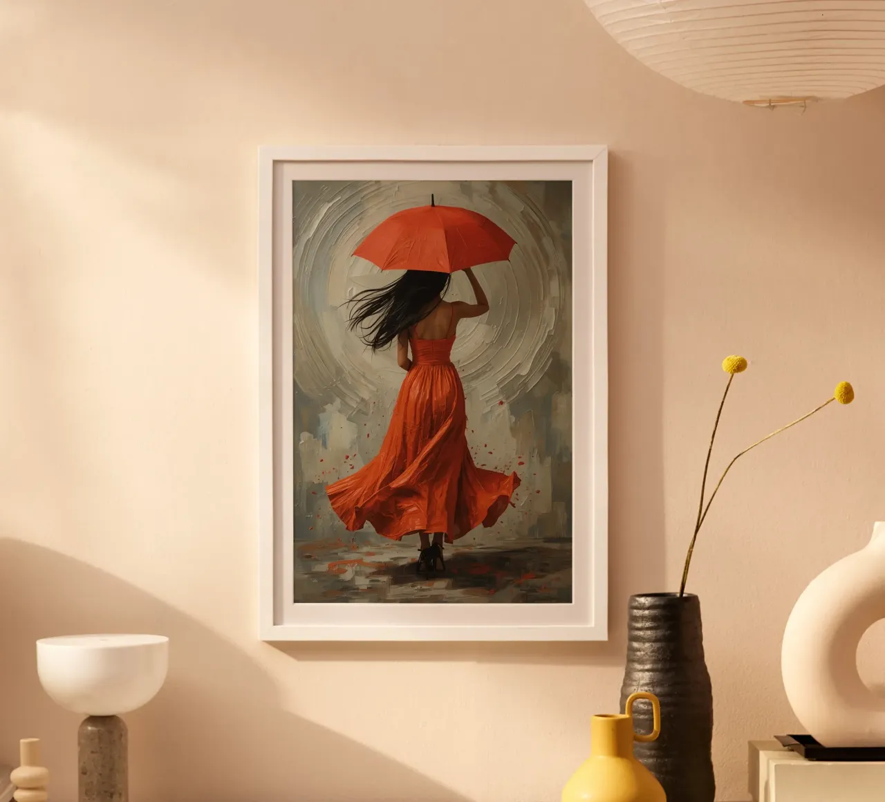 Donna in abito arancione con ombrello arancione in mano poster da DesignDoodle
