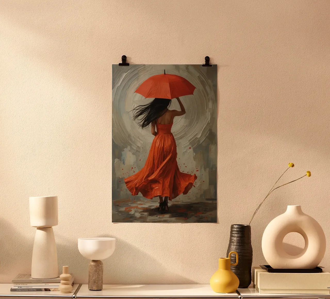 Donna in abito arancione con ombrello arancione in mano poster da DesignDoodle