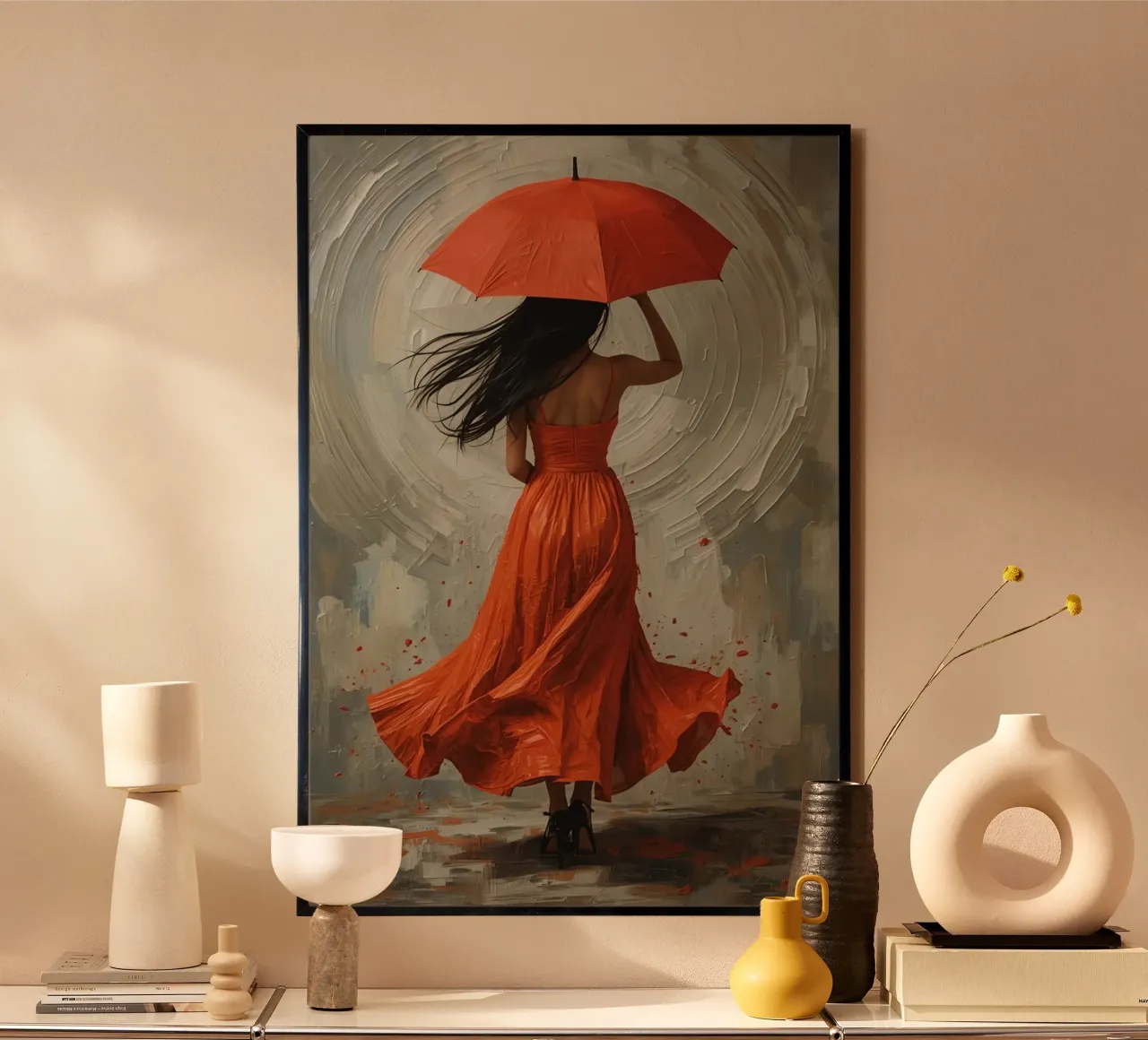 Donna in abito arancione con ombrello arancione in mano poster da DesignDoodle