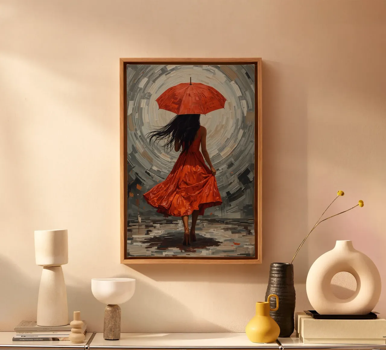 Vrouw in rode jurk met paraplu tegen abstracte achtergrond canvas met Baklijst van DesignDoodle
