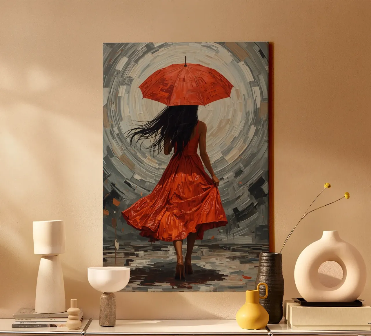 Vrouw in rode jurk met paraplu tegen abstracte achtergrond canvas met Baklijst van DesignDoodle