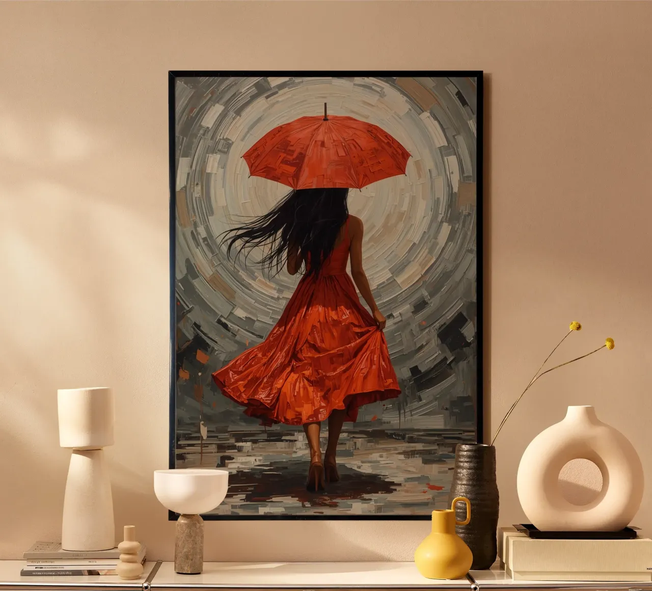 Frau in rotem Kleid mit Regenschirm vor abstraktem Hintergrund Poster von DesignDoodle