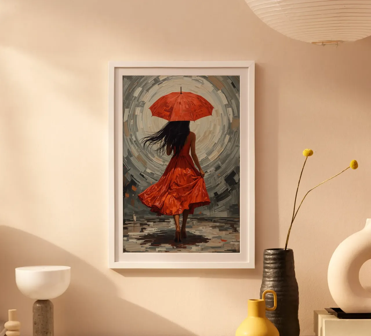 Frau in rotem Kleid mit Regenschirm vor abstraktem Hintergrund Poster von DesignDoodle