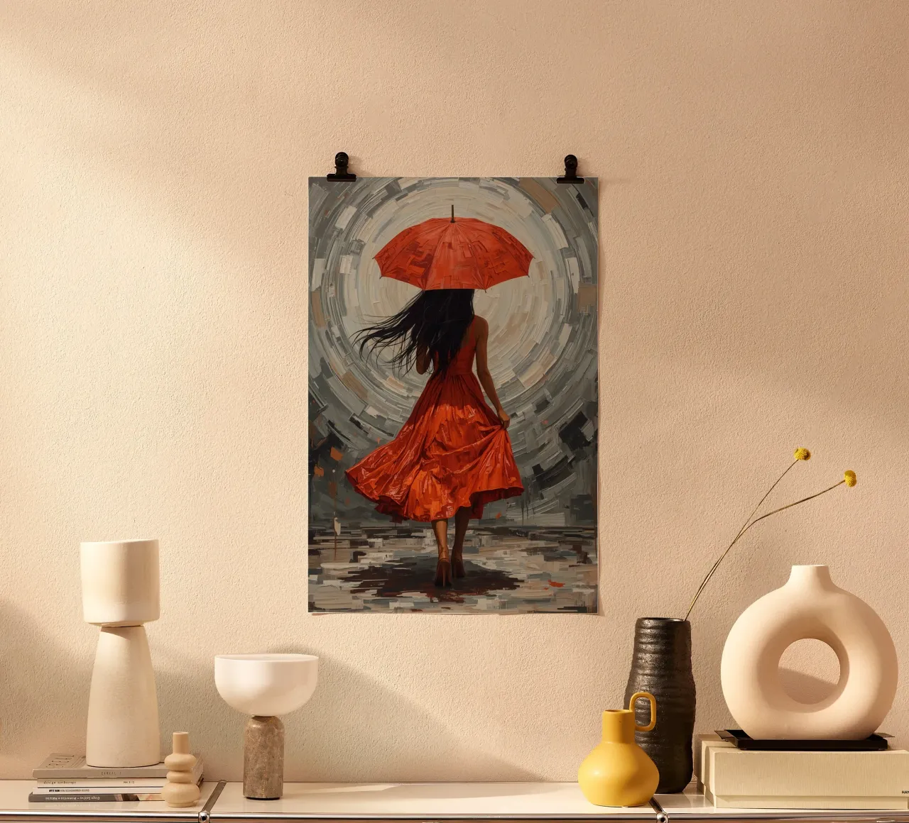 Frau in rotem Kleid mit Regenschirm vor abstraktem Hintergrund Poster von DesignDoodle