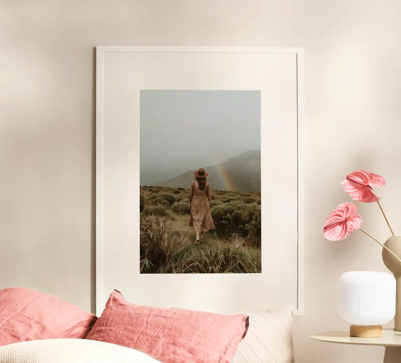 Donna che cammina verso l'arcobaleno in un paesaggio collinare poster da DesignDoodle