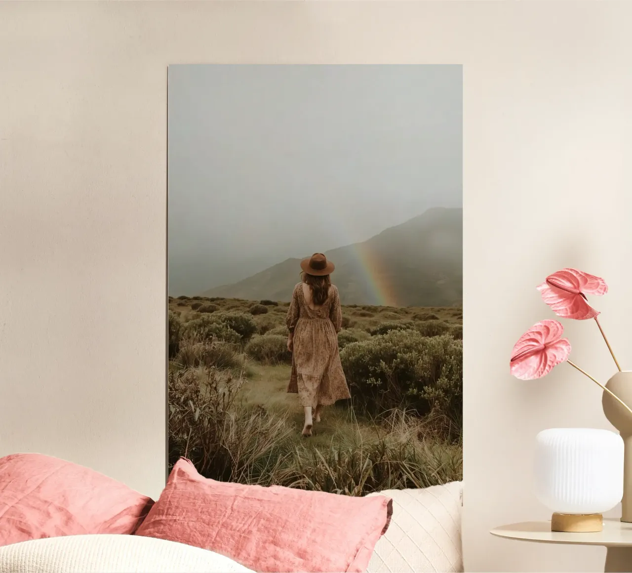 Donna che cammina verso l'arcobaleno in un paesaggio collinare poster da DesignDoodle