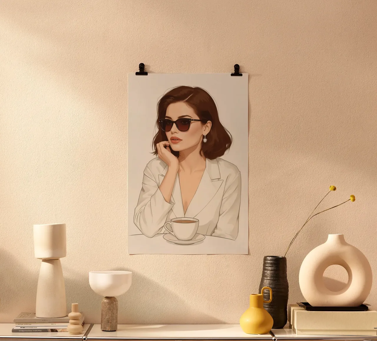 Donna con occhiali da sole, blazer e caffè illustrazione poster con telaio in plastica da DesignDoodle