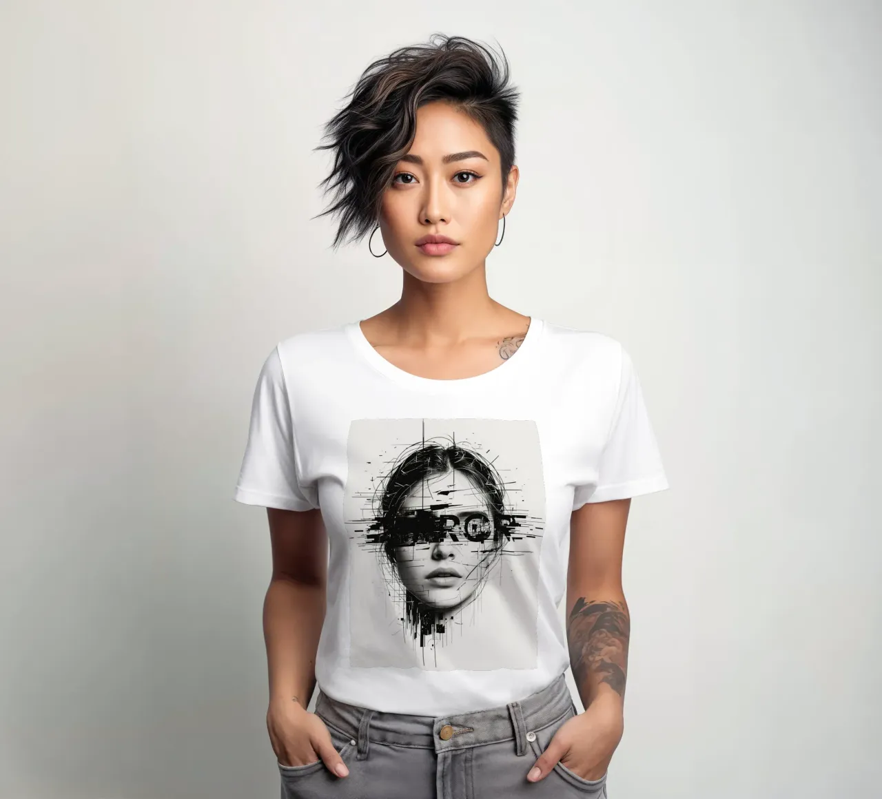 Woman's Face with Abstract Lines and error Overlay women's fitted t-shirt by DesignDoodle