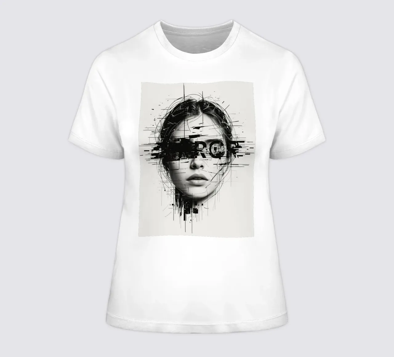 Woman's Face with Abstract Lines and error Overlay women's fitted t-shirt by DesignDoodle