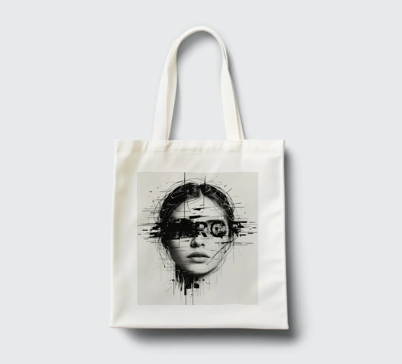 Woman's Face with Abstract Lines and error Overlay tote bag by DesignDoodle