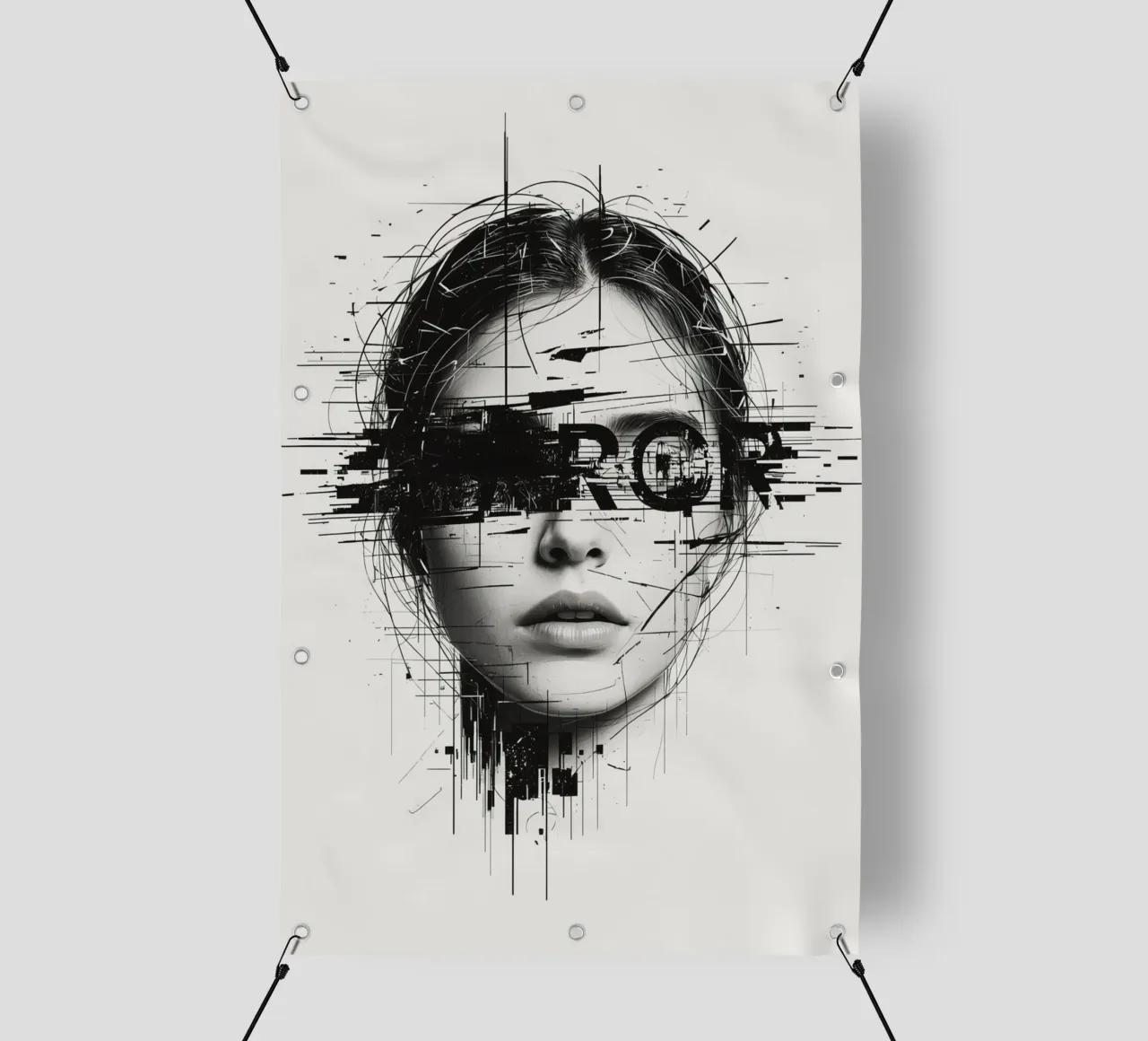 Volto di donna con linee astratte e sovrapposizione di errori telo in pvc da DesignDoodle