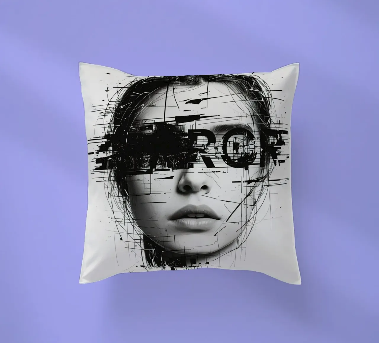 Volto di donna con linee astratte e sovrapposizione di errori cuscino da DesignDoodle