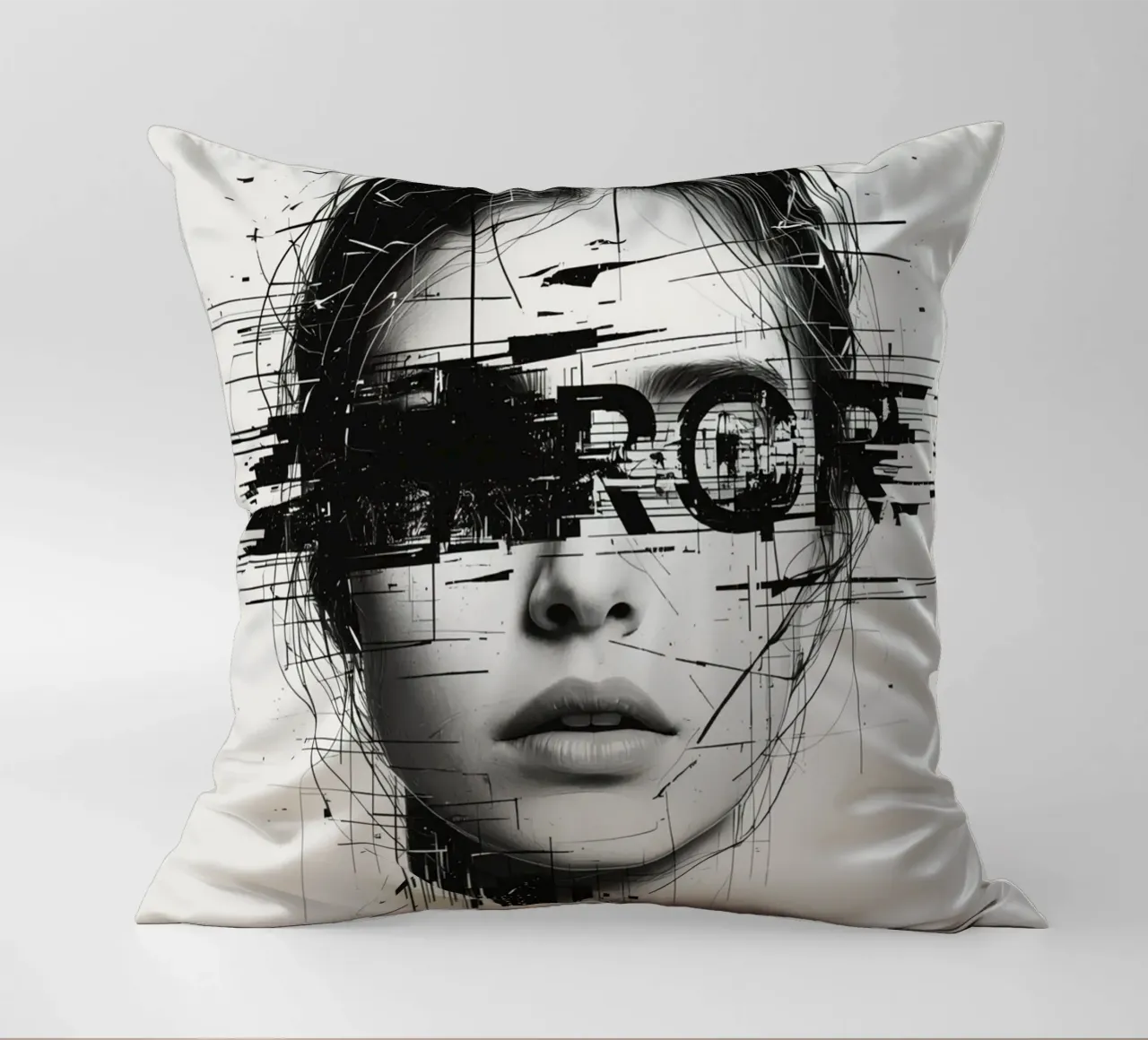 Volto di donna con linee astratte e sovrapposizione di errori cuscino da DesignDoodle