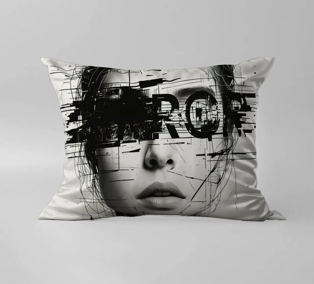 Volto di donna con linee astratte e sovrapposizione di errori cuscino da DesignDoodle