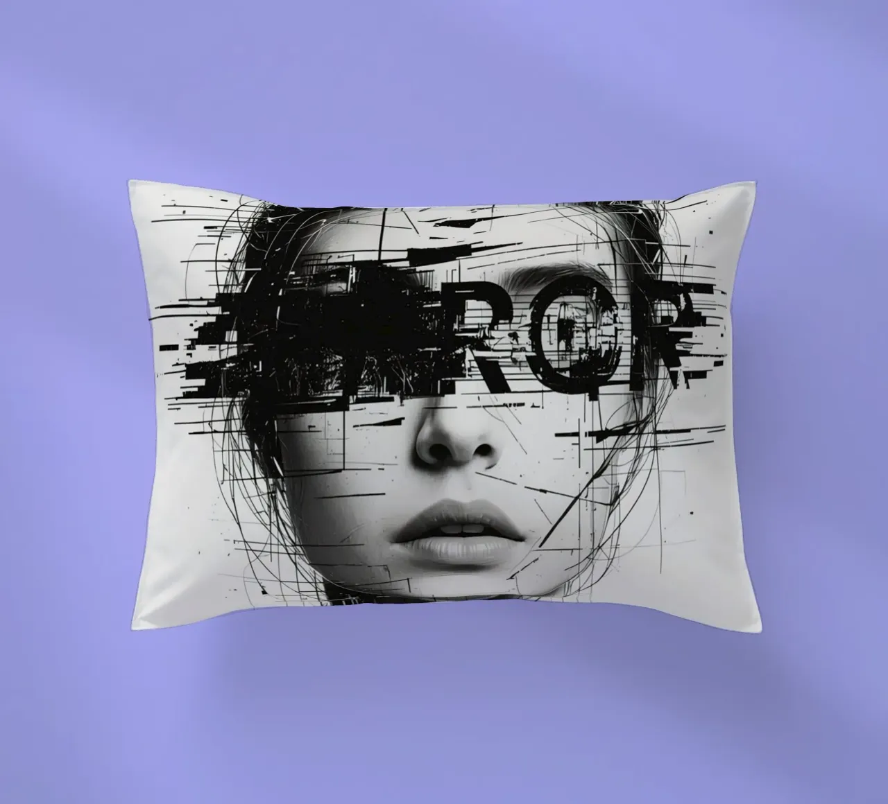 Volto di donna con linee astratte e sovrapposizione di errori cuscino da DesignDoodle