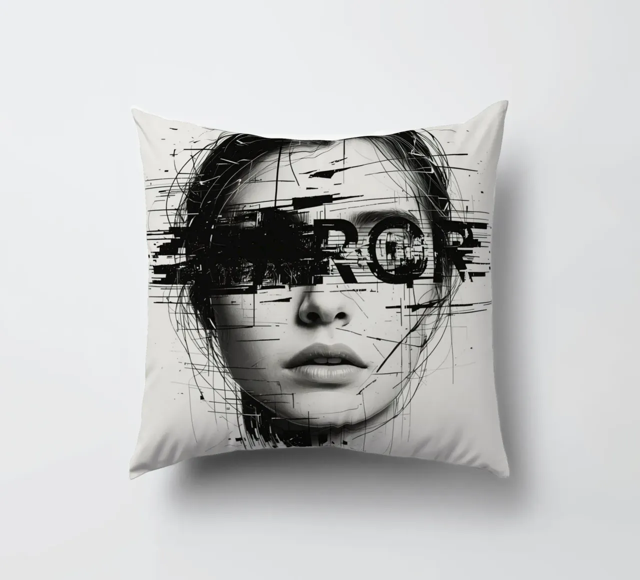 Volto di donna con linee astratte e sovrapposizione di errori cuscino da DesignDoodle
