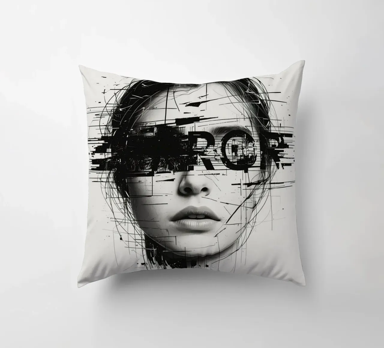 Volto di donna con linee astratte e sovrapposizione di errori cuscino da DesignDoodle