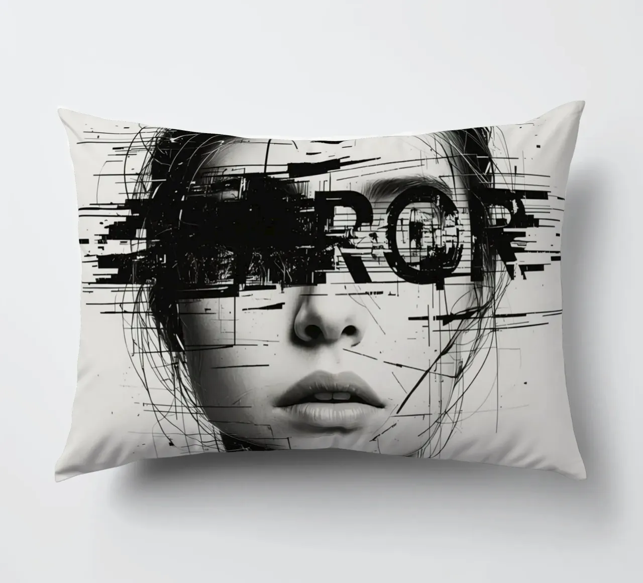 Volto di donna con linee astratte e sovrapposizione di errori cuscino da DesignDoodle