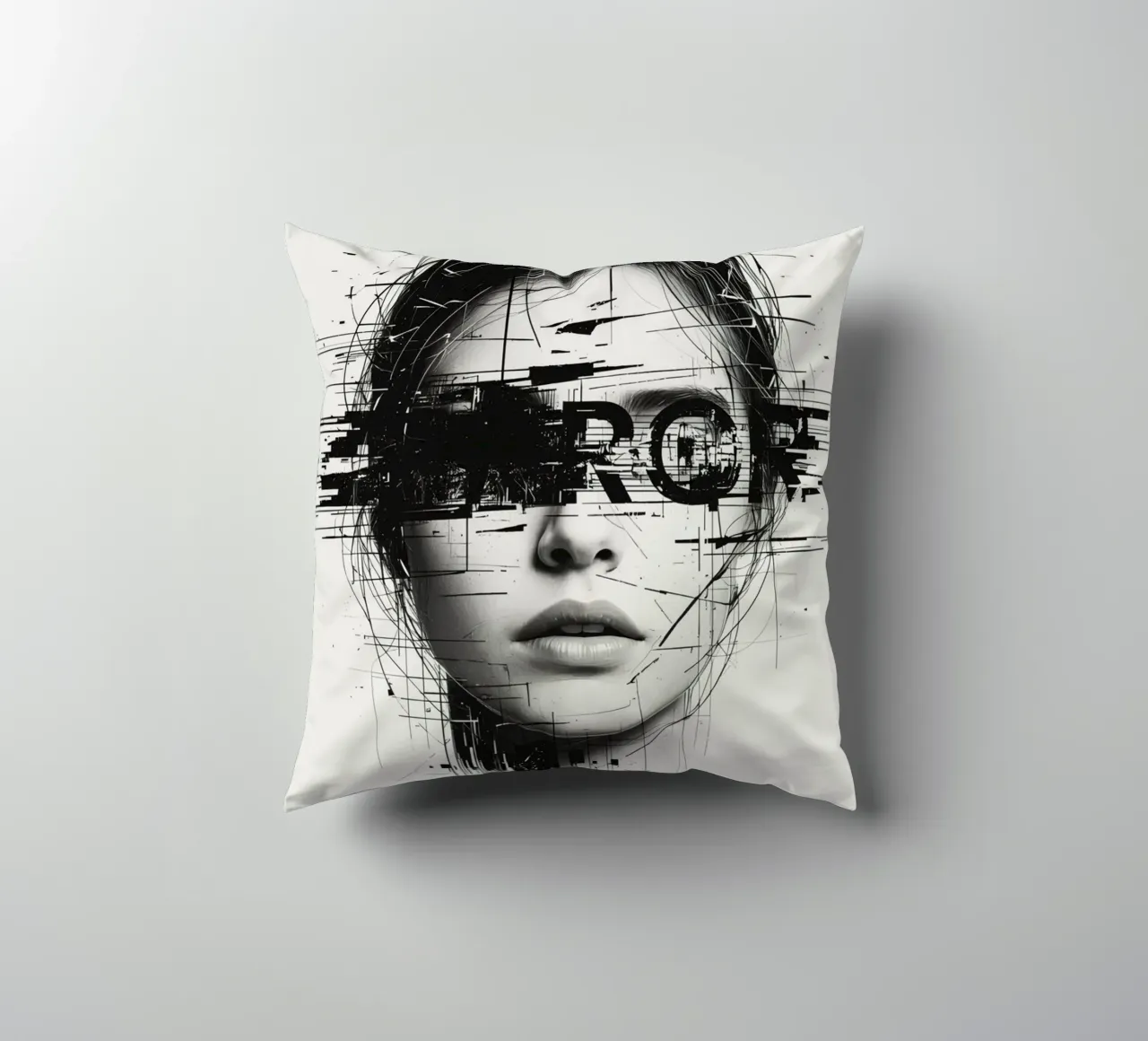 Volto di donna con linee astratte e sovrapposizione di errori cuscino da DesignDoodle