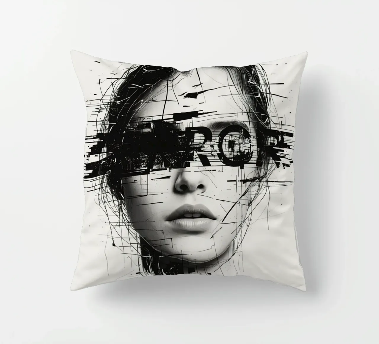 Volto di donna con linee astratte e sovrapposizione di errori cuscino da DesignDoodle