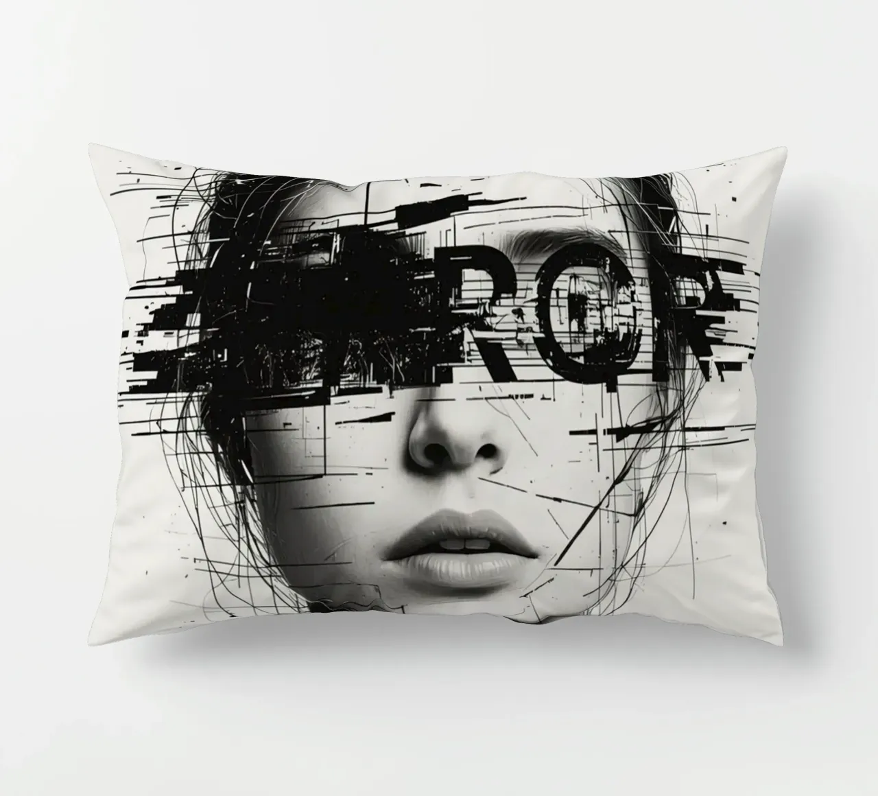 Volto di donna con linee astratte e sovrapposizione di errori cuscino da DesignDoodle