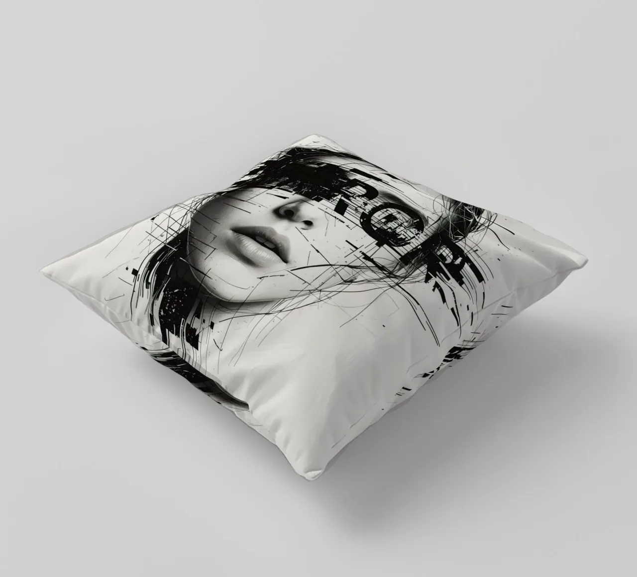 Volto di donna con linee astratte e sovrapposizione di errori cuscino da DesignDoodle