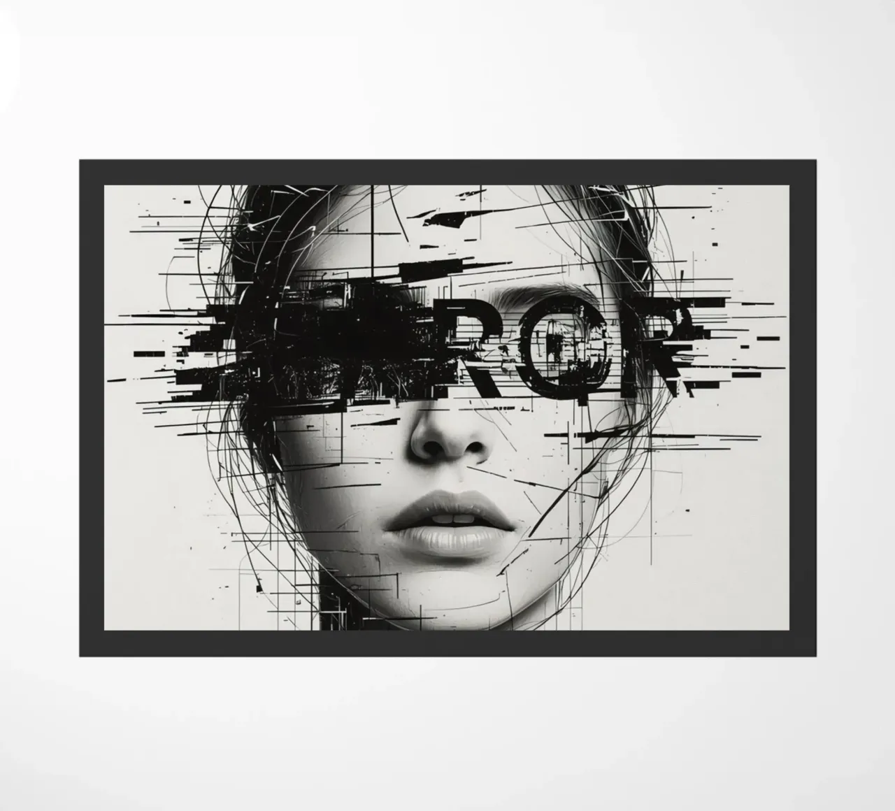 Volto di donna con linee astratte e sovrapposizione di errori zerbino da DesignDoodle