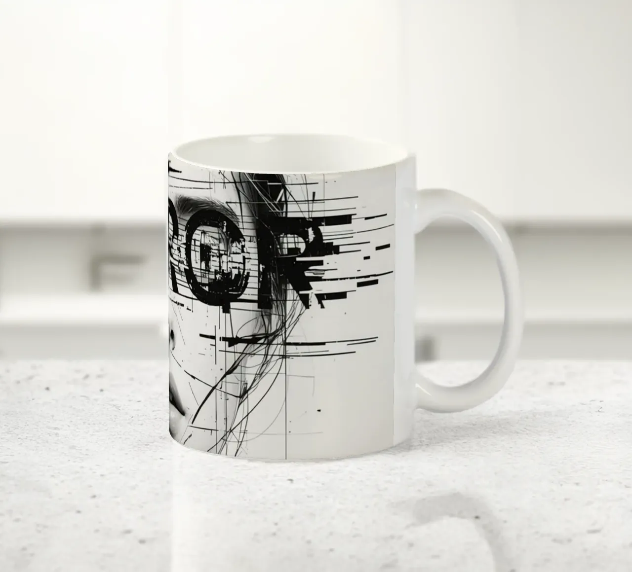 Volto di donna con linee astratte e sovrapposizione di errori tazza in ceramica da DesignDoodle