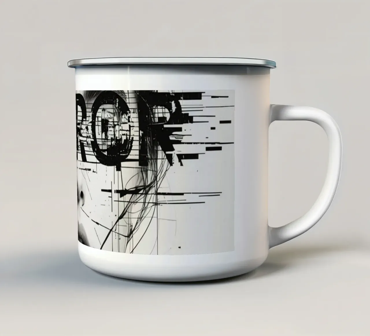Volto di donna con linee astratte e sovrapposizione di errori tazza in smalto da DesignDoodle