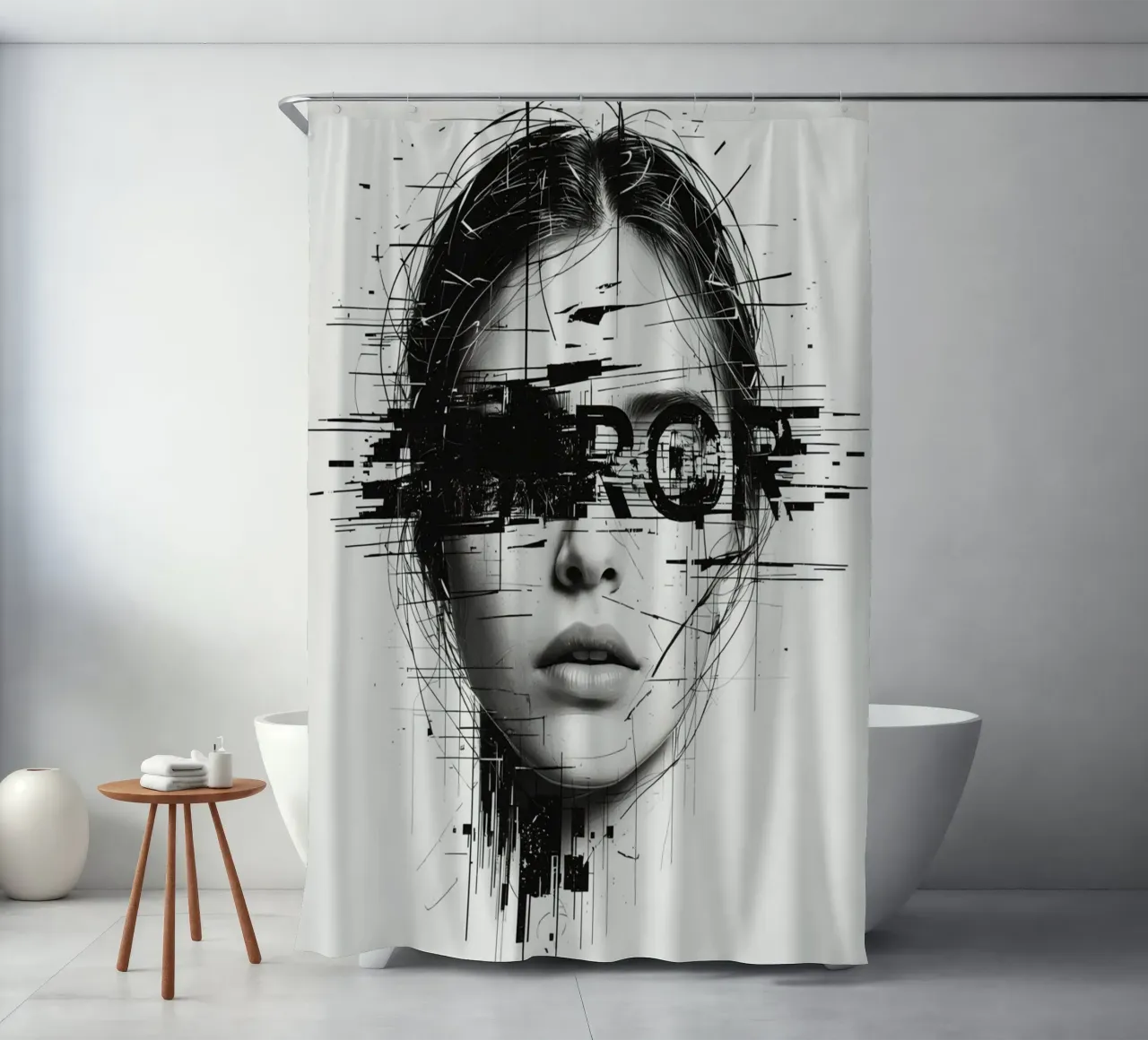 Woman's Face with Abstract Lines and error Overlay shower curtain by DesignDoodle