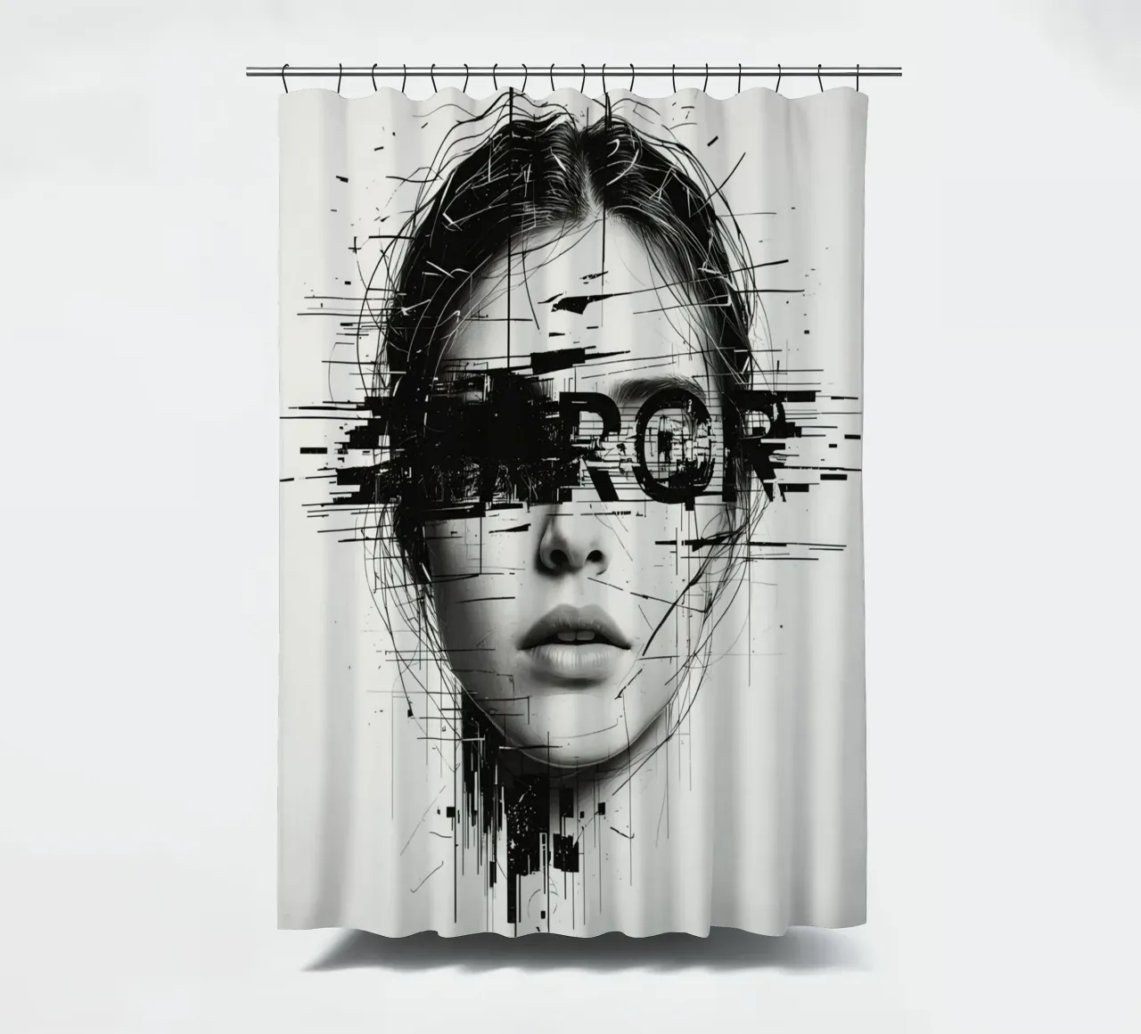 Woman's Face with Abstract Lines and error Overlay shower curtain by DesignDoodle