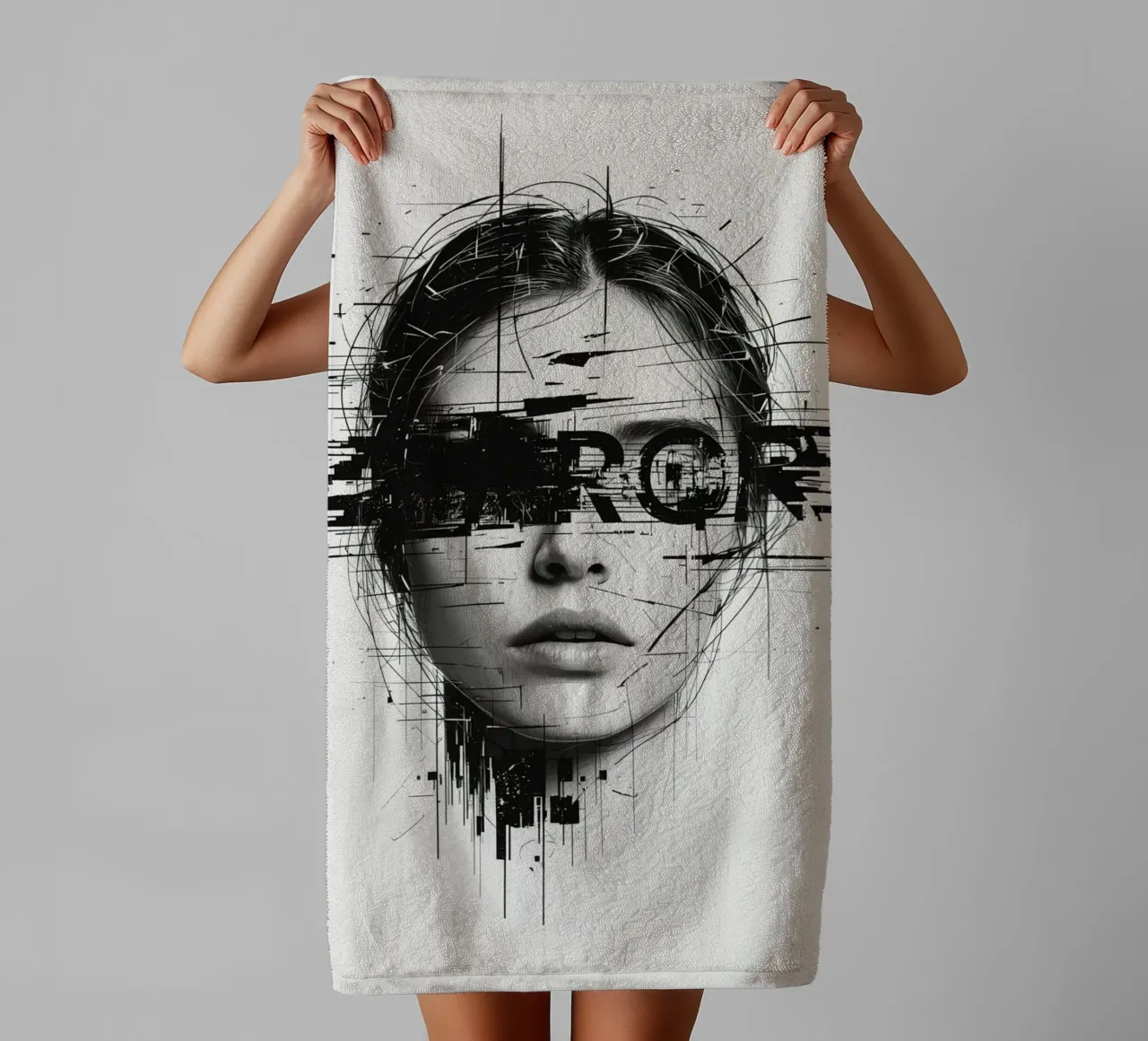 Volto di donna con linee astratte e sovrapposizione di errori asciugamano da bagno da DesignDoodle