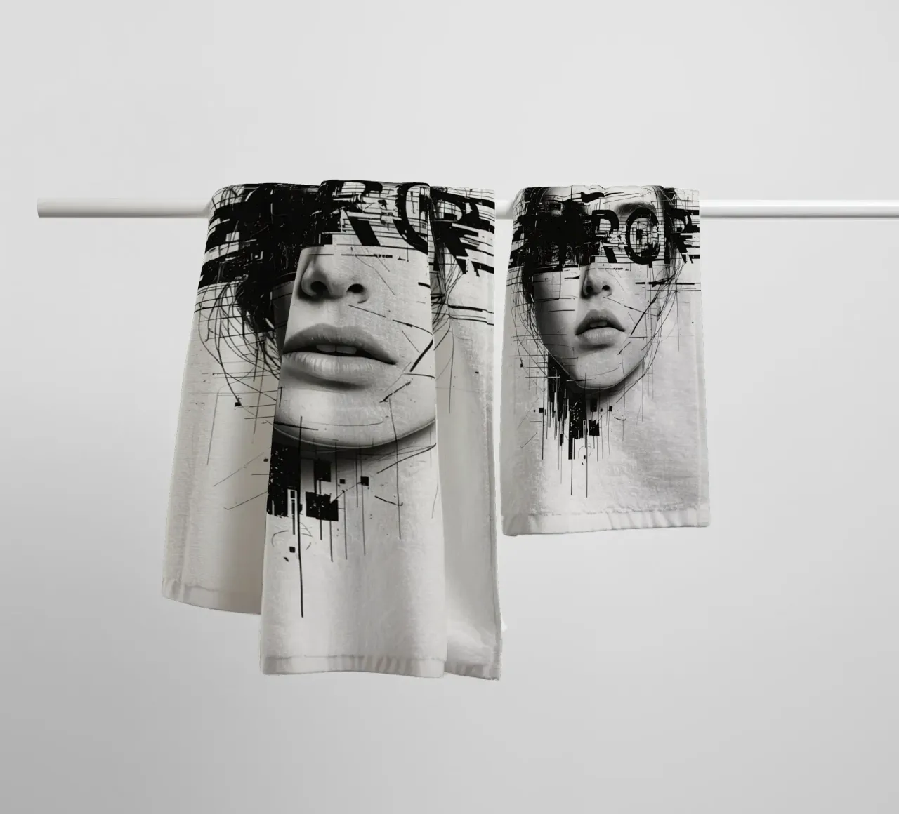 Volto di donna con linee astratte e sovrapposizione di errori asciugamano da bagno da DesignDoodle