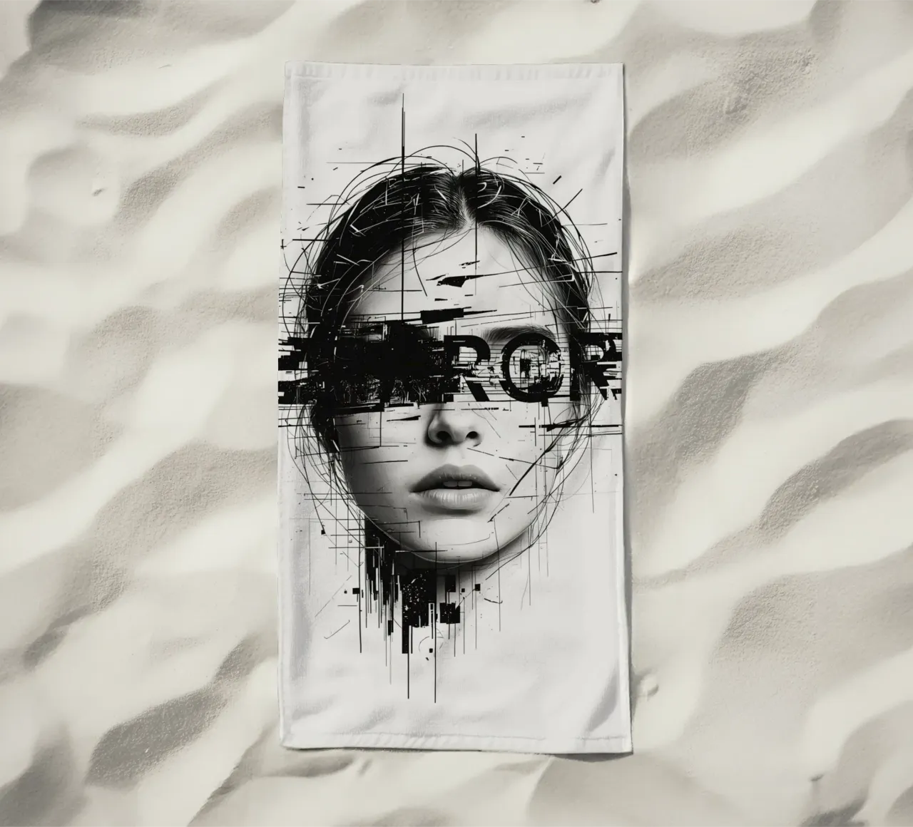 Volto di donna con linee astratte e sovrapposizione di errori telo mare da DesignDoodle
