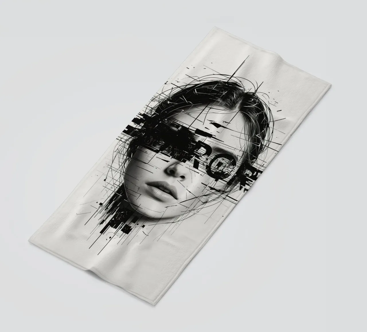 Volto di donna con linee astratte e sovrapposizione di errori telo mare da DesignDoodle