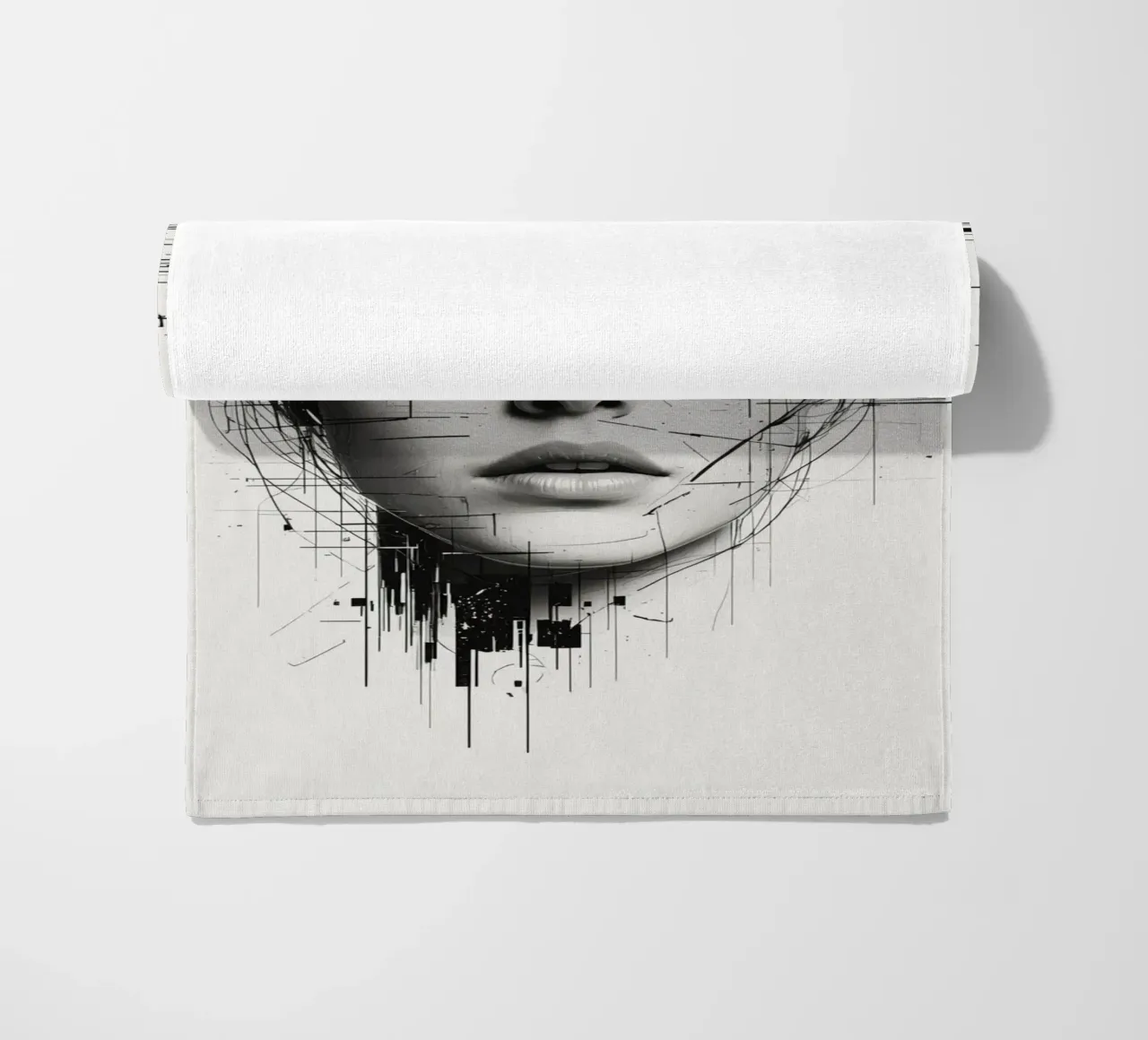 Volto di donna con linee astratte e sovrapposizione di errori telo mare da DesignDoodle