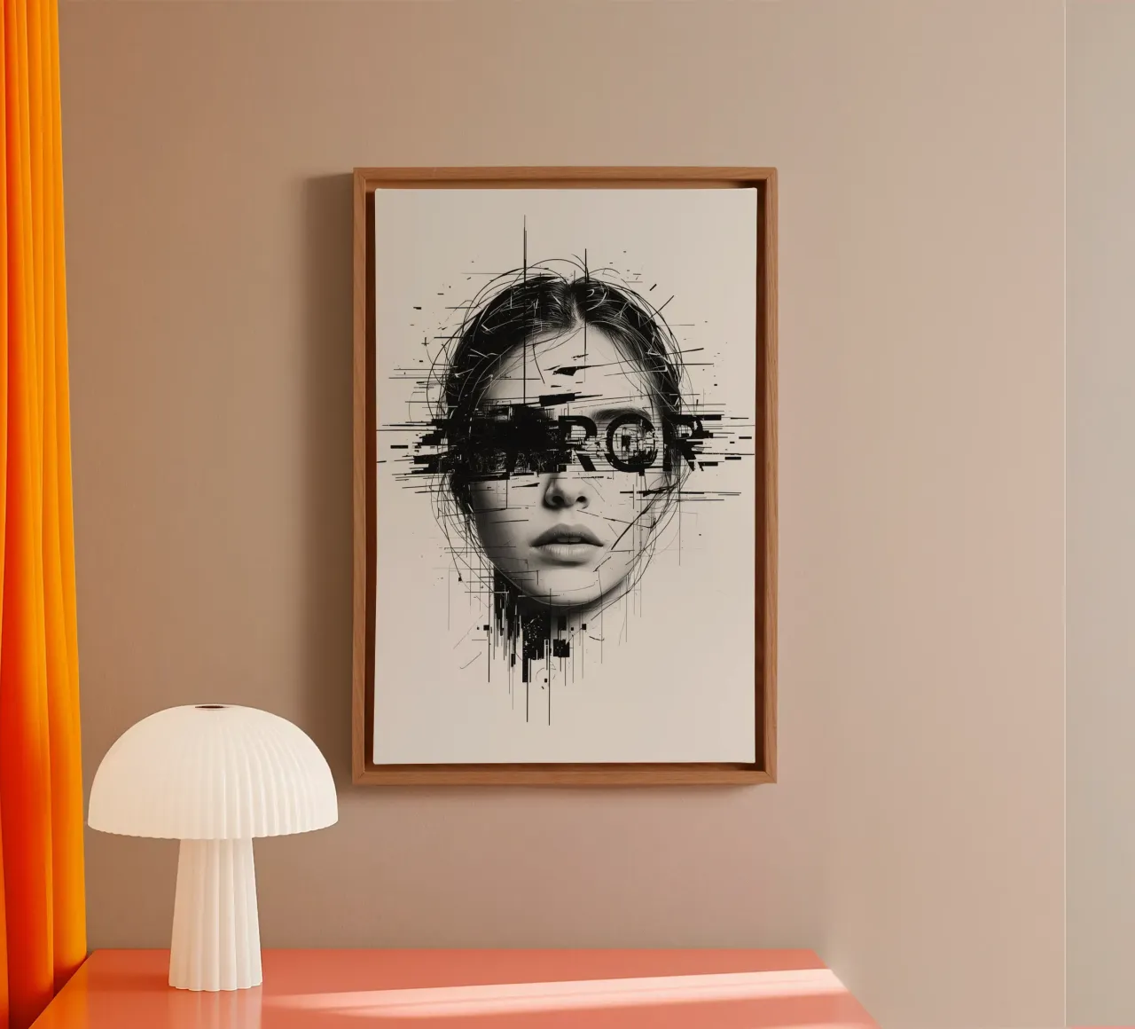Volto di donna con linee astratte e sovrapposizione di errori tela con Cornice a cassetta da DesignDoodle