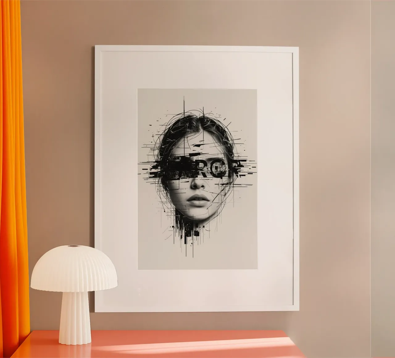 Woman's Face with Abstract Lines and error Overlay poster with wooden frame by DesignDoodle