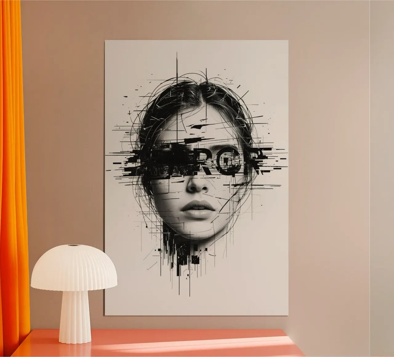 Woman's Face with Abstract Lines and error Overlay poster with wooden frame by DesignDoodle