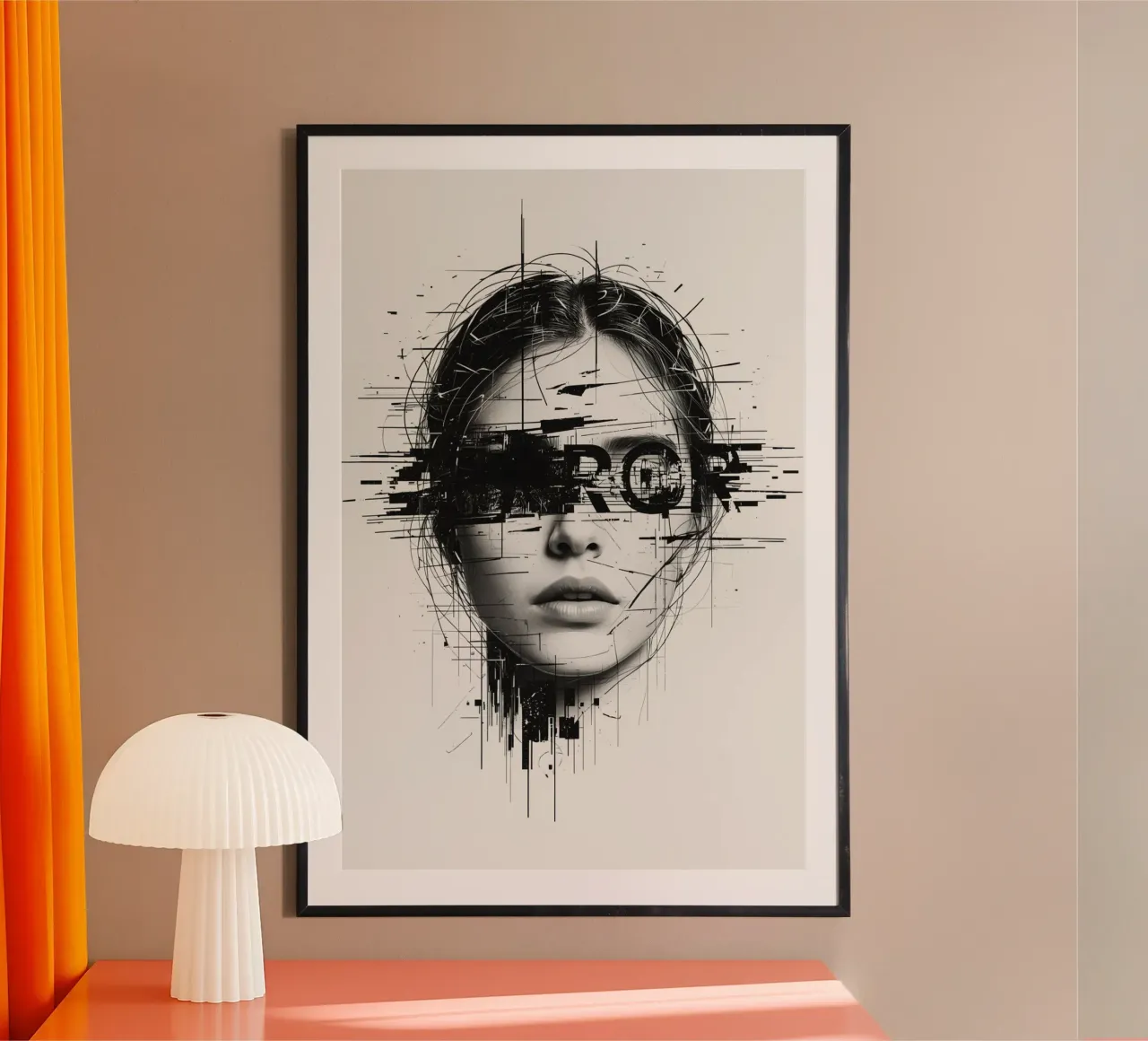 Woman's Face with Abstract Lines and error Overlay poster with wooden frame by DesignDoodle