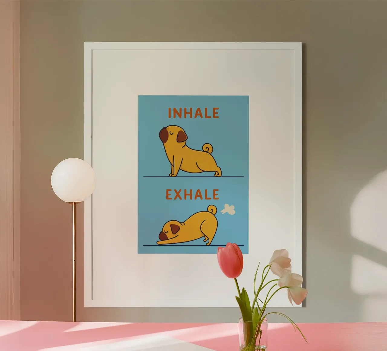 inspirare espirare cane poster con telaio in legno da bojoonxs