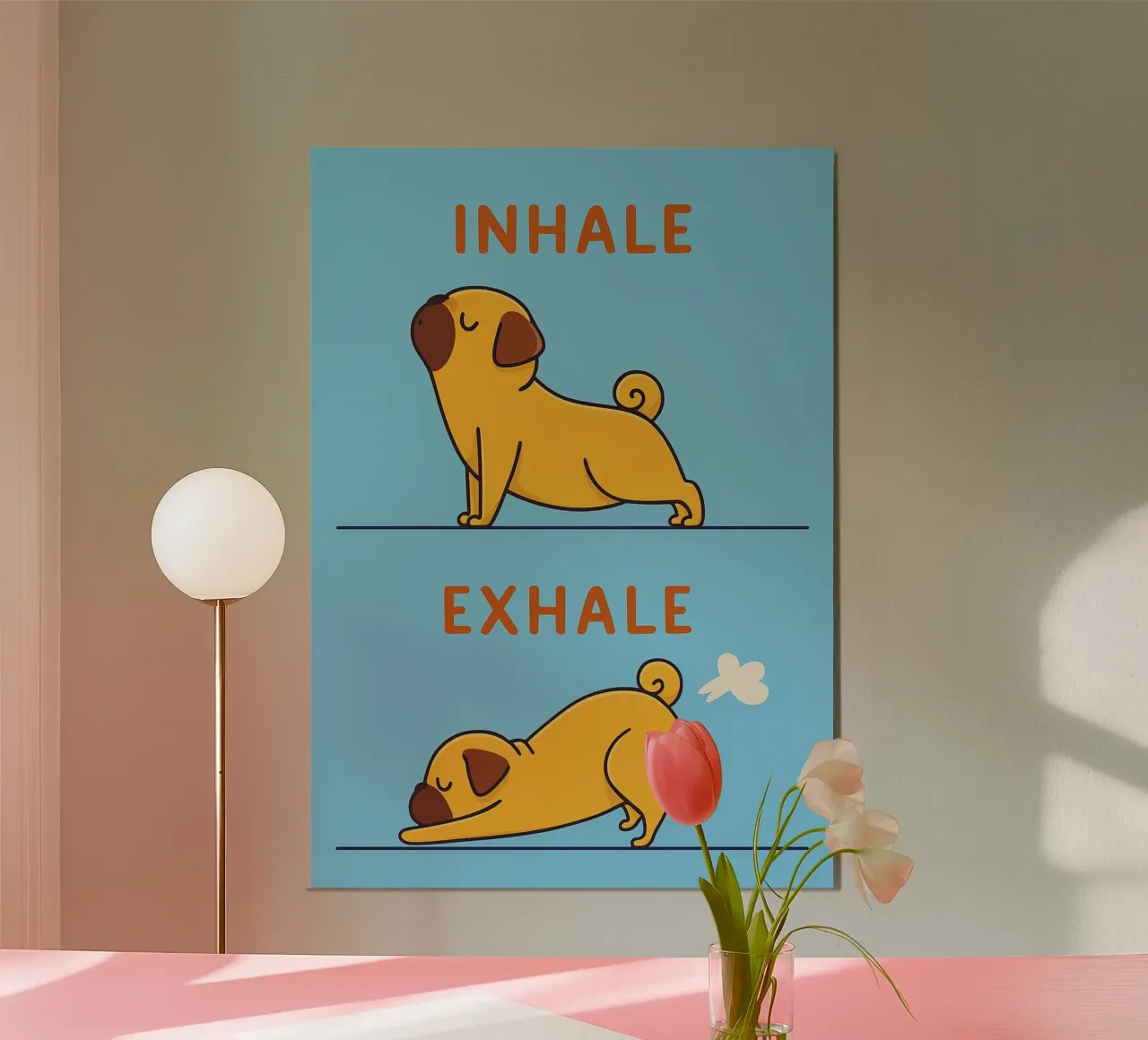 inspirare espirare cane poster con telaio in legno da bojoonxs