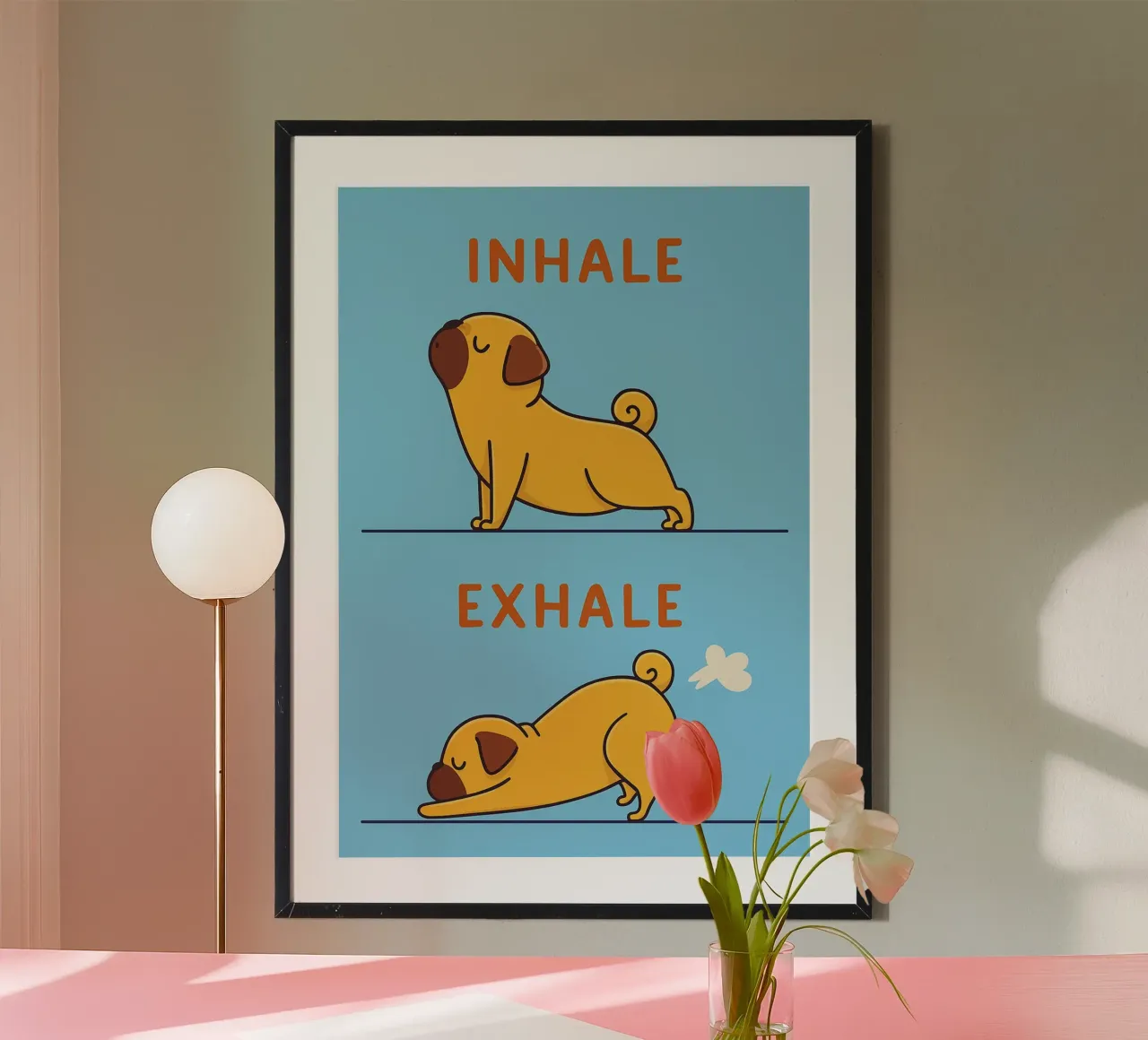 inspirare espirare cane poster con telaio in legno da bojoonxs