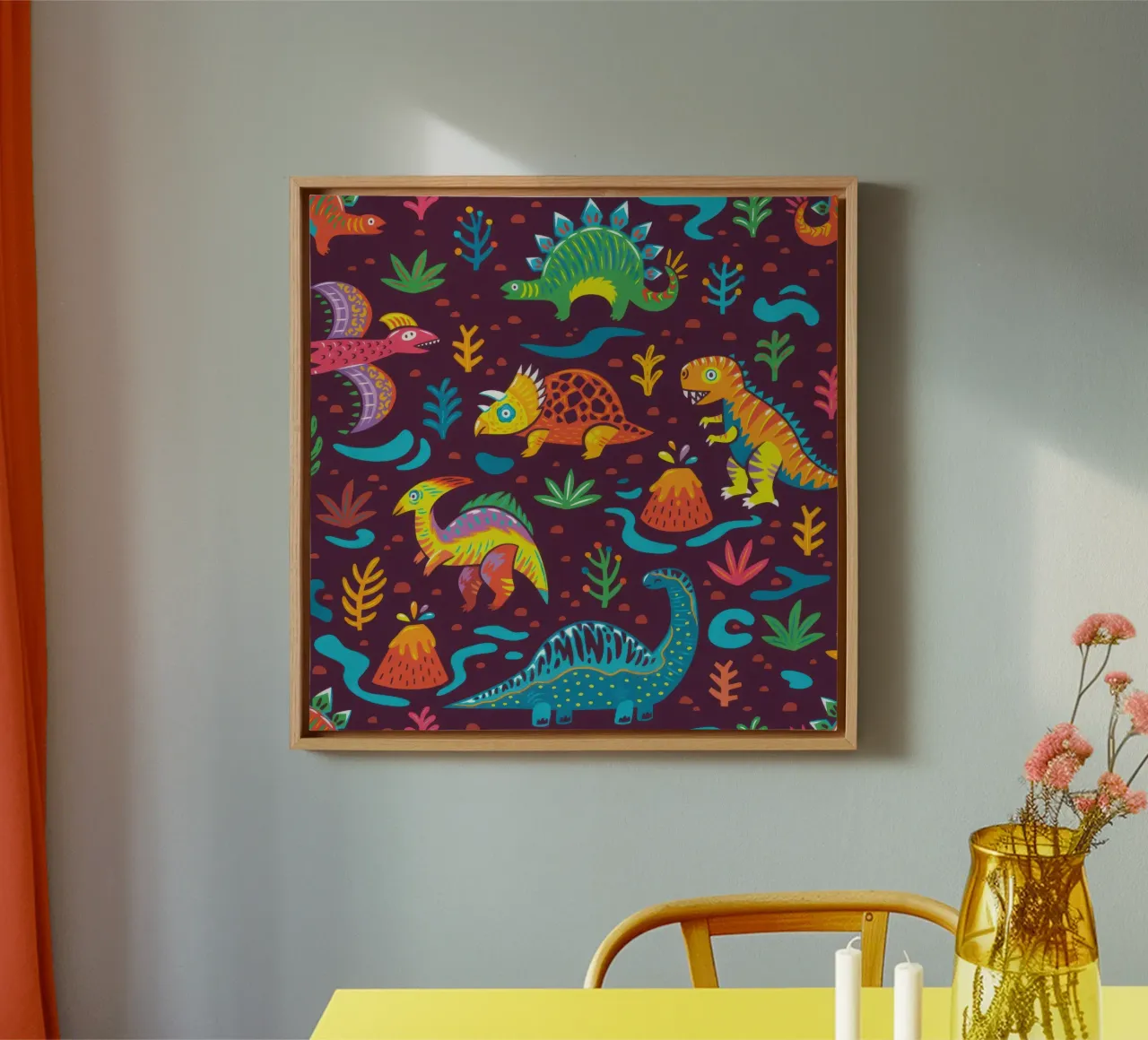 Seamless pattern with cartoon dinosaurs canvas with Floater frame by muench benjamin
