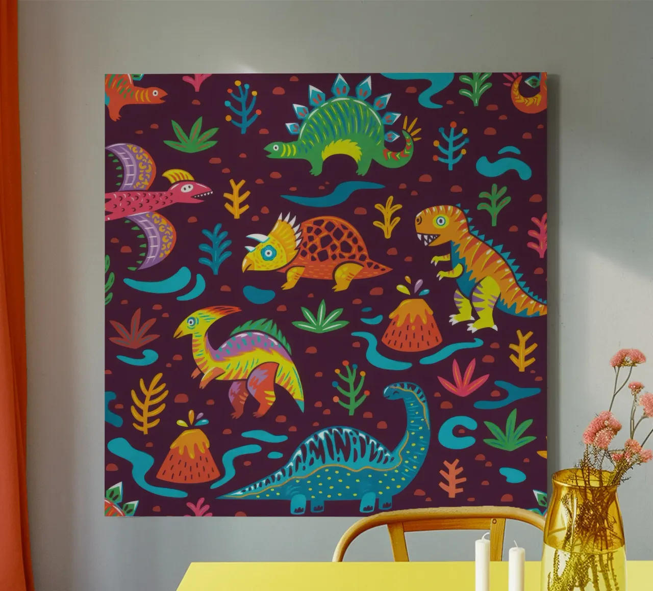 Seamless pattern with cartoon dinosaurs canvas with Floater frame by muench benjamin